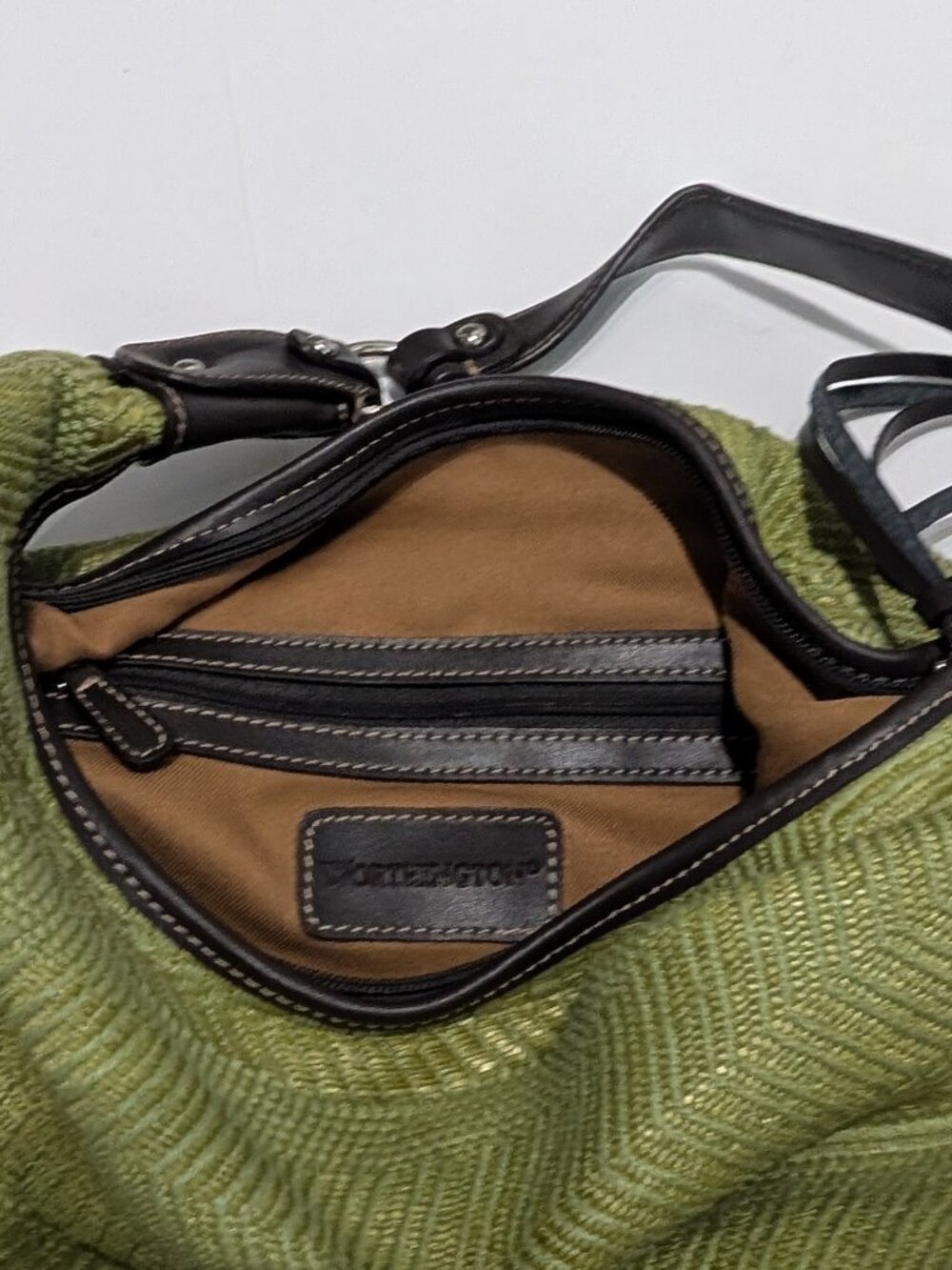 Worthington Green Cotton Woven Hobo Shoulder Bag with Brown Leather Accents - Picture 7 of 11